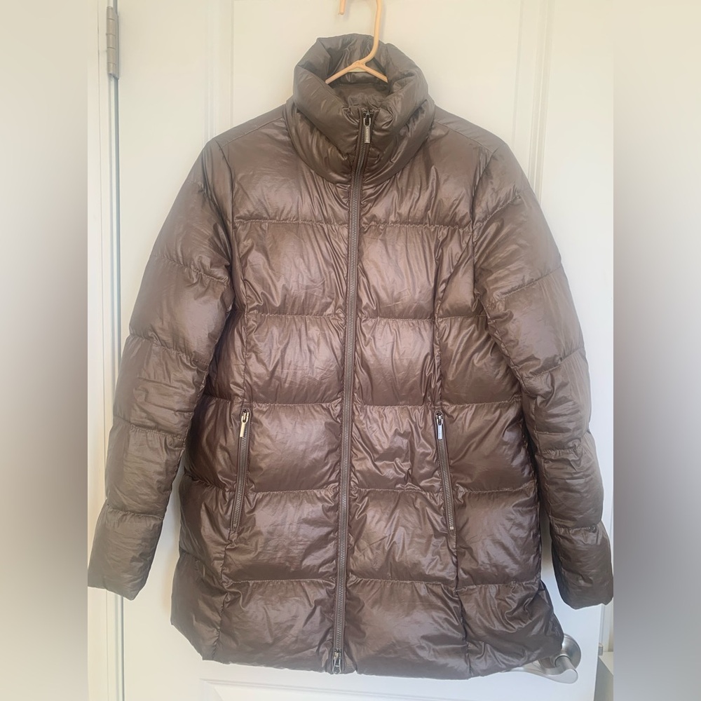 Lands’ End Longer Length Front Zip Down Puffer  brown or chocolate color.NO Hood